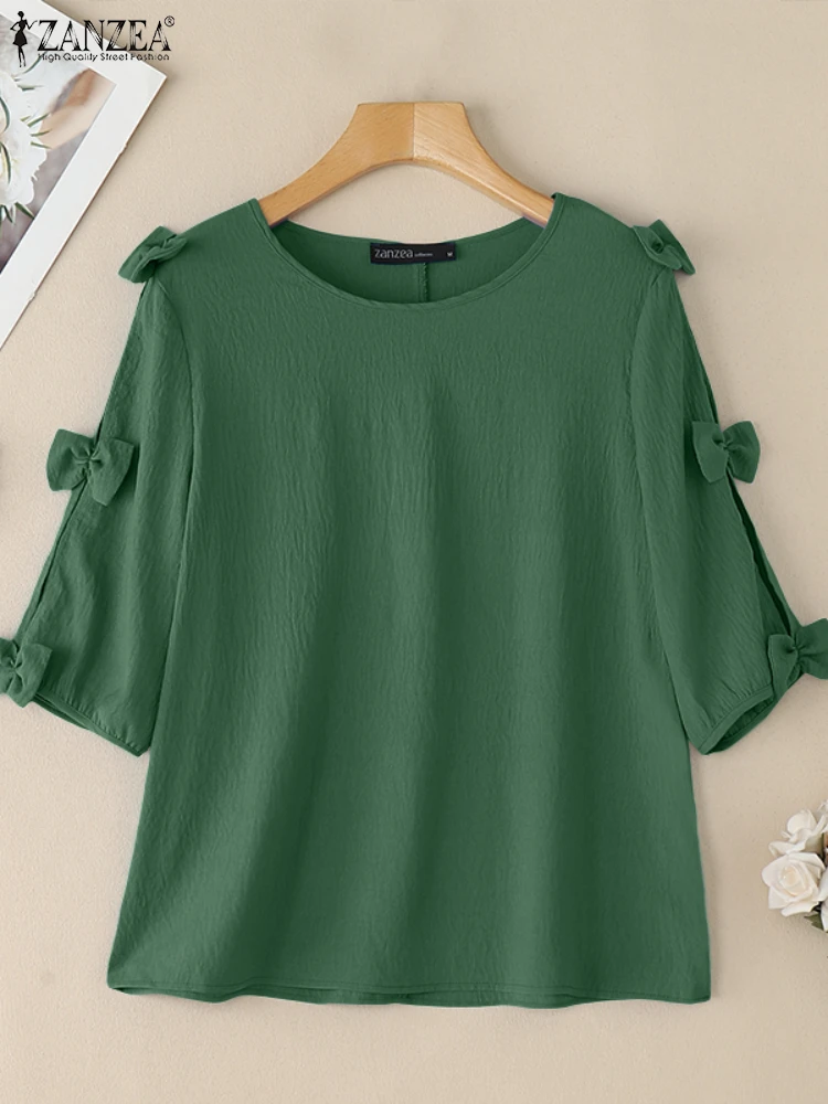 ZANZEA Fashion Bow Blouse Tops 2025 Women Elegant Office Work Tunic Casual Loose Solid Color O Neck Half Sleeve Loose Blusas