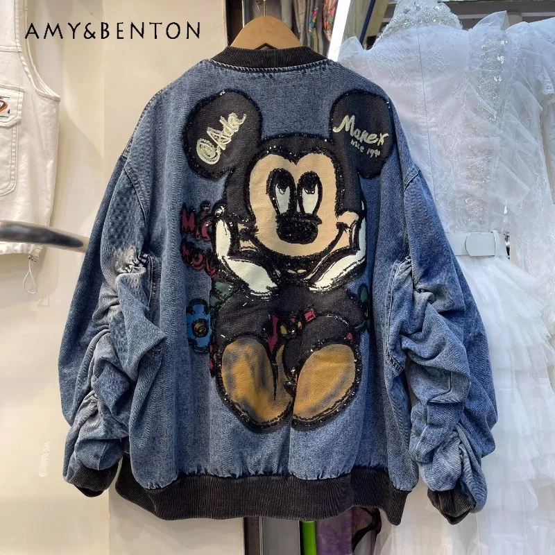 

25 Autumn New Loose Y2k Average Size Top Coat Heavy Industry Embroidery Cartoon Baseball Short Jacket Women's Zipper Overcoat
