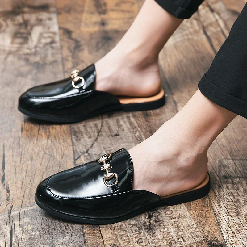Demi-chaussures d\'été pour hommes, mocassins noirs, pantoufles en cuir verni, chaussures de conduite décontractées, sandales plates légères, grande