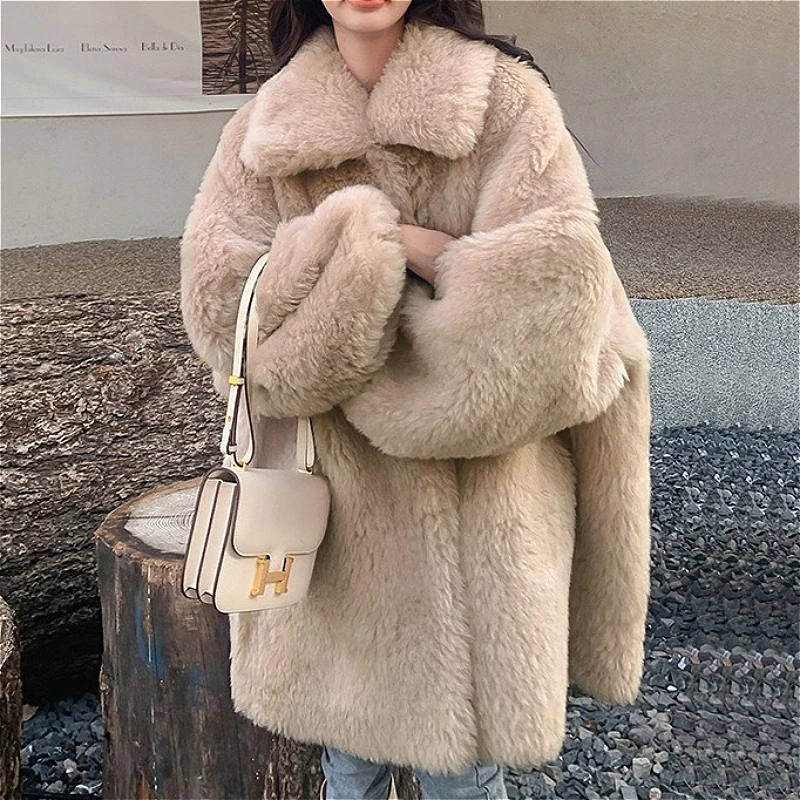 Faux Sheep Fur Coats Y2k Jackets Women Turn Down Collar Long Sleeves Zipper Mid Lenth Loose Fit Office Lady Casual 2026 Winter