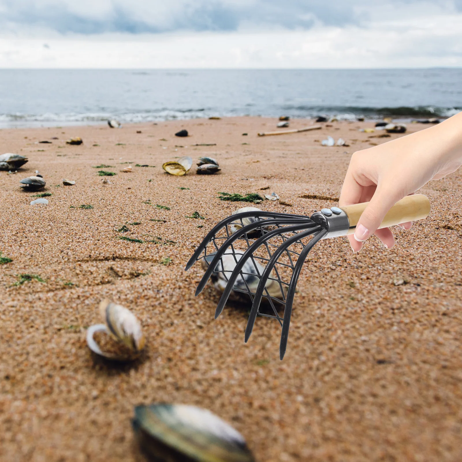 

1 шт., молюскные грабли из нержавеющей стали, деревянная ручка, устойчивый к ржавчине, сетчатый дизайн, инструмент для быстрого копания морепродуктов, пляжные грабли для копания, подставка для ладони