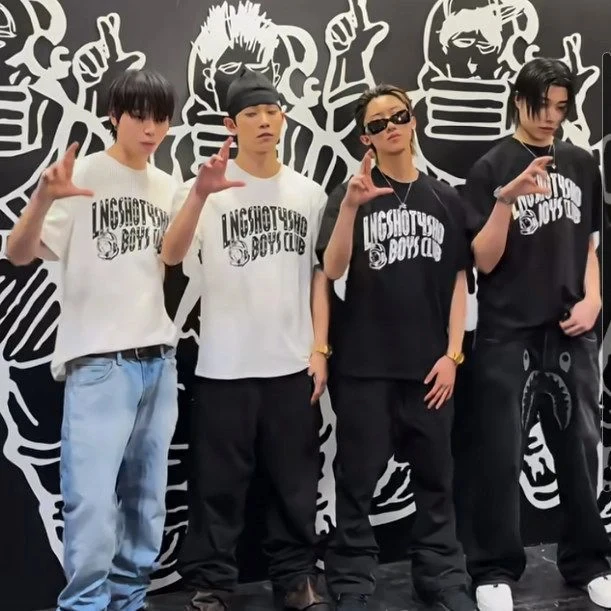 Kpop LNGSHOT Double Sided T-shirt Astronaut Letter Print Unisex Oversized Tee 4SHOVILLE Fan Casual Streetwear Short Sleeve Tops