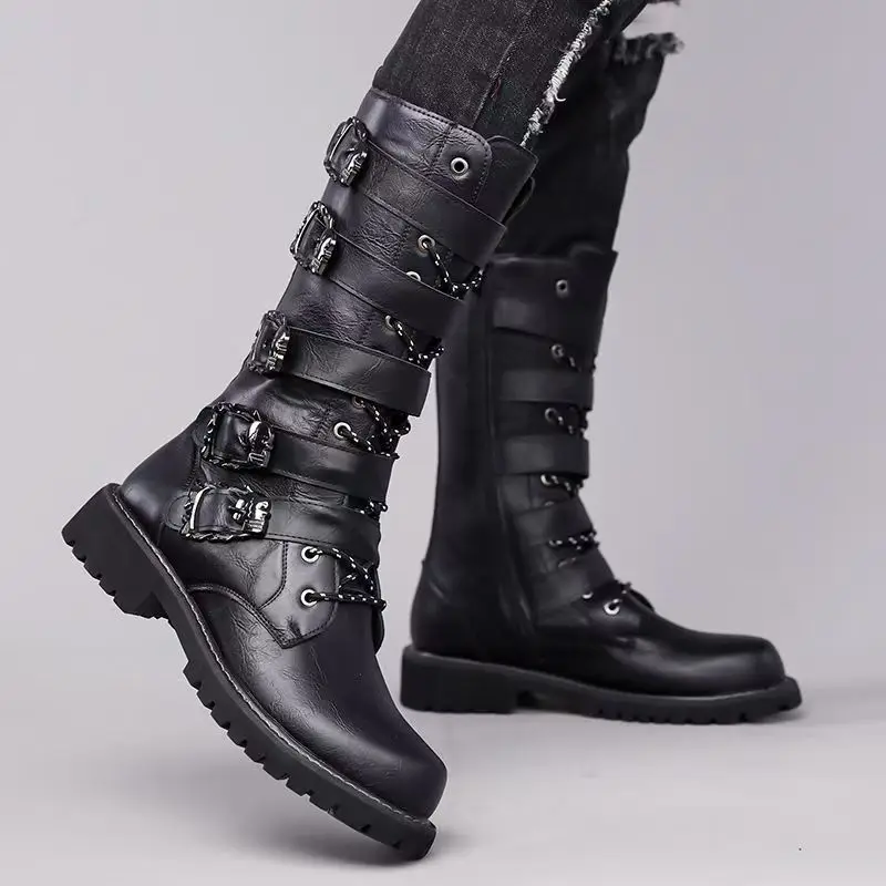 men fashion stage nightclub high motorcycle boots black original leather shoes cowboy platform boot designer long knight botas