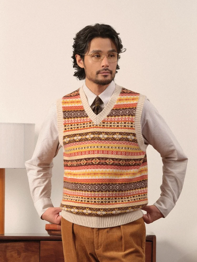 

Pure Wool Shirt Layering Knitted Spring Suit Vest Men Fair Isle Sweater Outerwear Casual Style Business Casual V-neck Vest