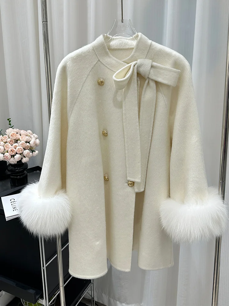 

Fashion Winter Women Wool Cashmere Blended Coat Real Fox Fur Cuffs Luxury Jacket With Bow Outwear
