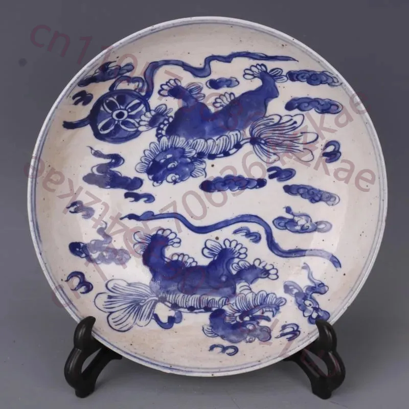

Blue and White Lion Patterned Porcelain Plate Chinese Style Antique Ornaments