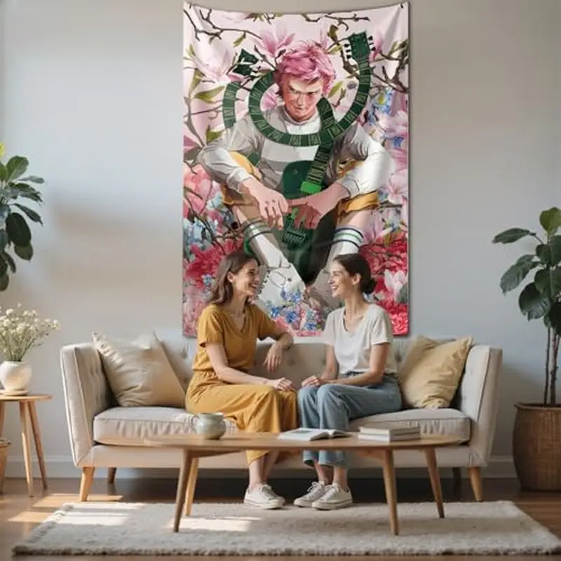 VIKAMA Pink Hair Guitar Characters Tapestry, Trendy Illustration Wall Hanging, Flower Art Wall Decor for Bedroom Dorm
