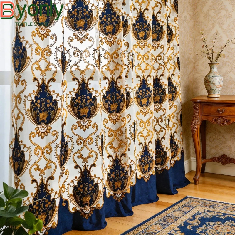 

European Luxury French Embroidery Blue Screen Curtains for Living Room Bedroom French Window Villa Customized Finished Products