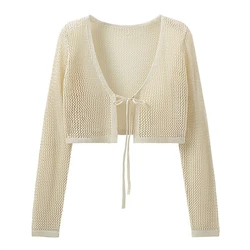 Bow Tie Front Crop Top Long Sleeve Sheer Open Knit Cardigan Blouses Cover Up Summer Spring Women Teen-girl Y2K 90s Outfit
