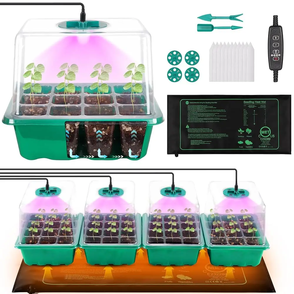 4-Pack Seed Starter Tray with Grow Light and Heat Mat, 48 Cells Seed Starter Kit with Adjustable Humidity Dome and Base, Germ