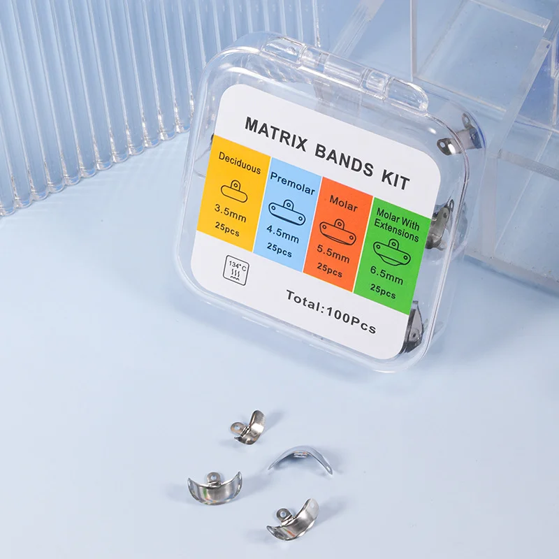 4×100Pcs/Box Dental Sectional Matrix Bands 3.5-6.5mm Pre-Contoured Metal Matrices for Posterior Teeth Restoration Dentistry Tool