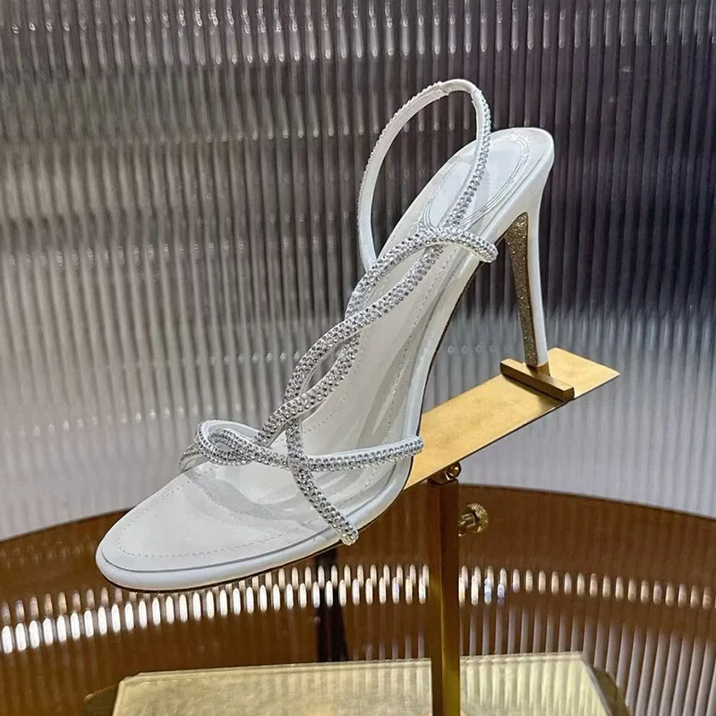 Sexy Snake Shaped Cross Shining Rhinestone Thin High-Heeled Sandals Women Open Toe Crystal Sandalias Summer Party Dress Shoes