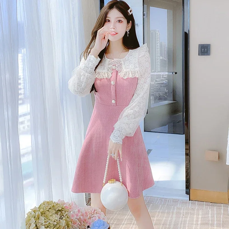 2025 New Korean Bodycon Party Dress Autumn Winter Pink Corduroy Patchwork Lace Kawaii Dress Women Elegant Doll Collar Midi Dress