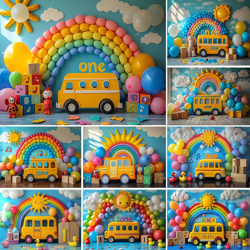

LS Photography Background Classroom Back to School Sunshine Bus Rainbow Kids Birthday Party portrait Decor Backdrop Photo Studio