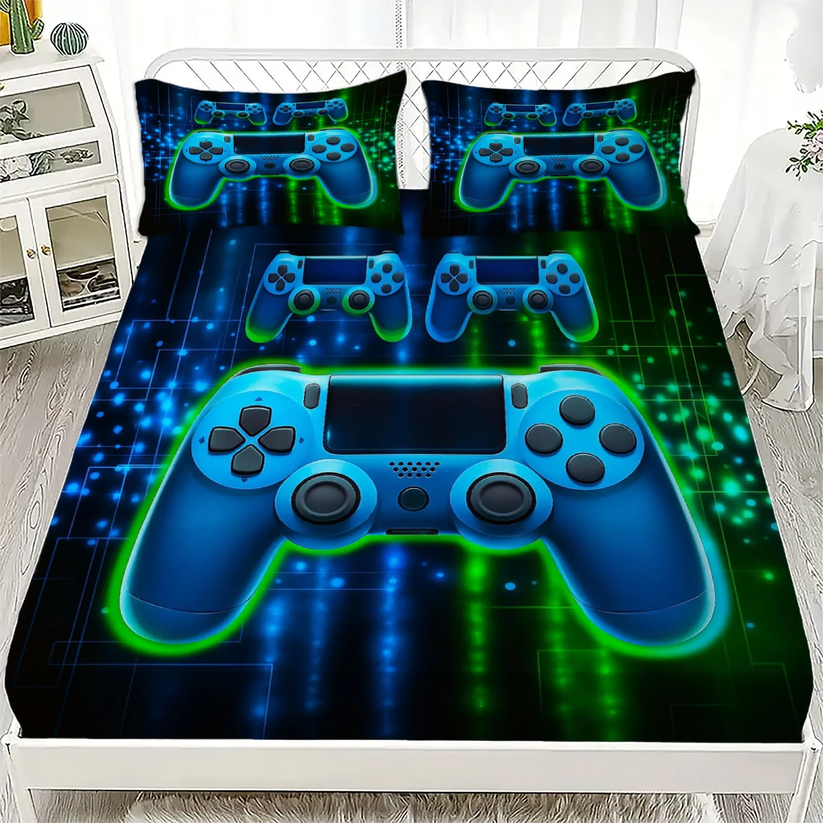 1pc Neon Blue Game Controller Print Fitted Sheet Deep Pocket Elastic Mattress Cover Single Double Queen King Bedroom Decor