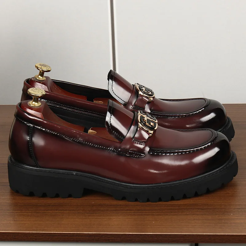 

Mens Genuine Leather Loafers Slip On Shoes Thick Sole Shiny Patent Leather Business Casual Shoes
