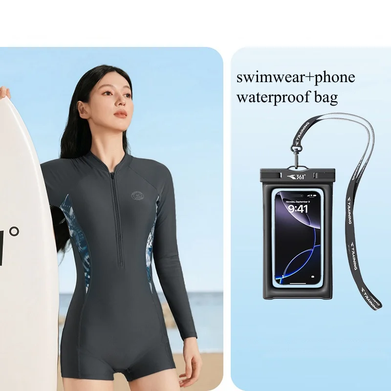 Women One Piece Quick-Drying Water Sport Beach Surfing SwimWear Goggles Cap Professional Long Sleeve WaterProof Bathing SwimSuit