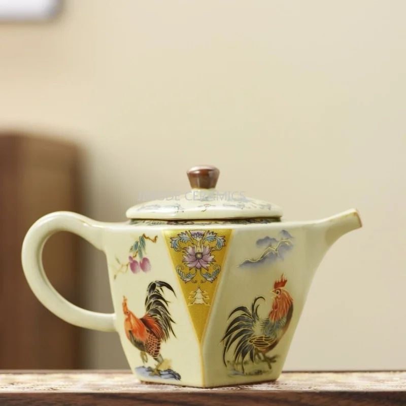 1pc Chinese Ceramic Teapot Large Capacity Teapot Chicken God Pattern Design Eight Sided Teapot Tea Ceremony Accessories 220ml