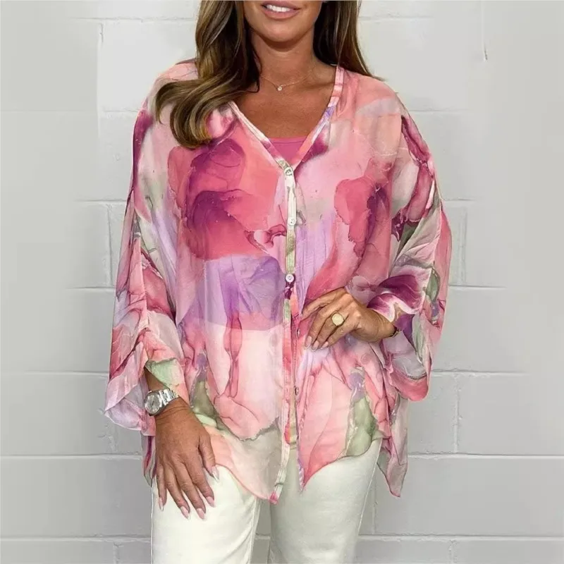 Elegant Women Boho Print Shirt Tops 2024 New Fashion Loose Button Long Sleeves Chiffon Casual Temperament V-neck Ladies Clothes