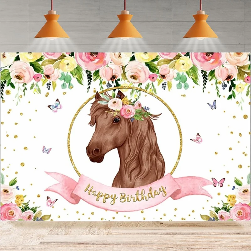 Photography Backdrop Pink Floral Butterfly Cowgirl Western Horse Blush Saddle Up Background Birthday Party Backdrop Wall Banner