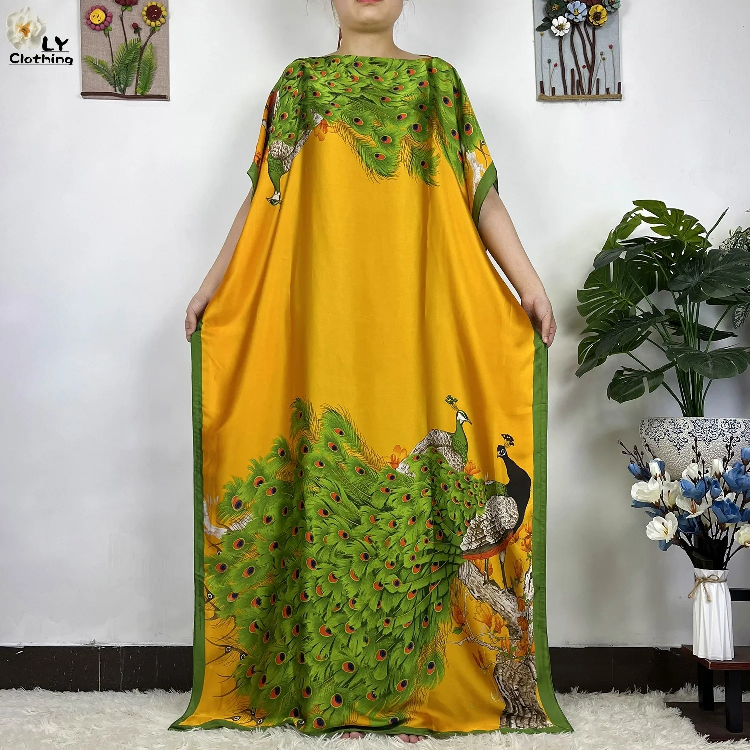 2023 New African Fashion Short Sleeve Colored Pattern Dubai Women Summer Real Silk Soft Printing Loose Tradition Muslim Dress