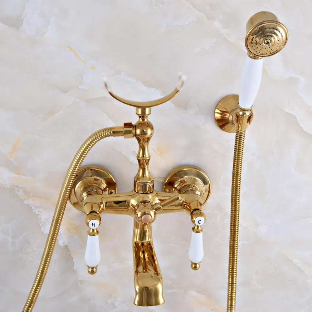 

Polished Gold Brass Double Handle Wall Mounted Bathroom Bath Tub Faucet Set with 150CM Hand Held Shower Spray Mixer Tap 2na903