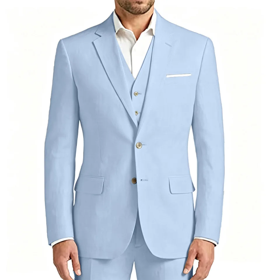 3 Piece White/Blue Linen Summer Men Suits for Wedding Groom Tuxedos Casual Beach Man Suit Set Jacket Vest with Pants for Party