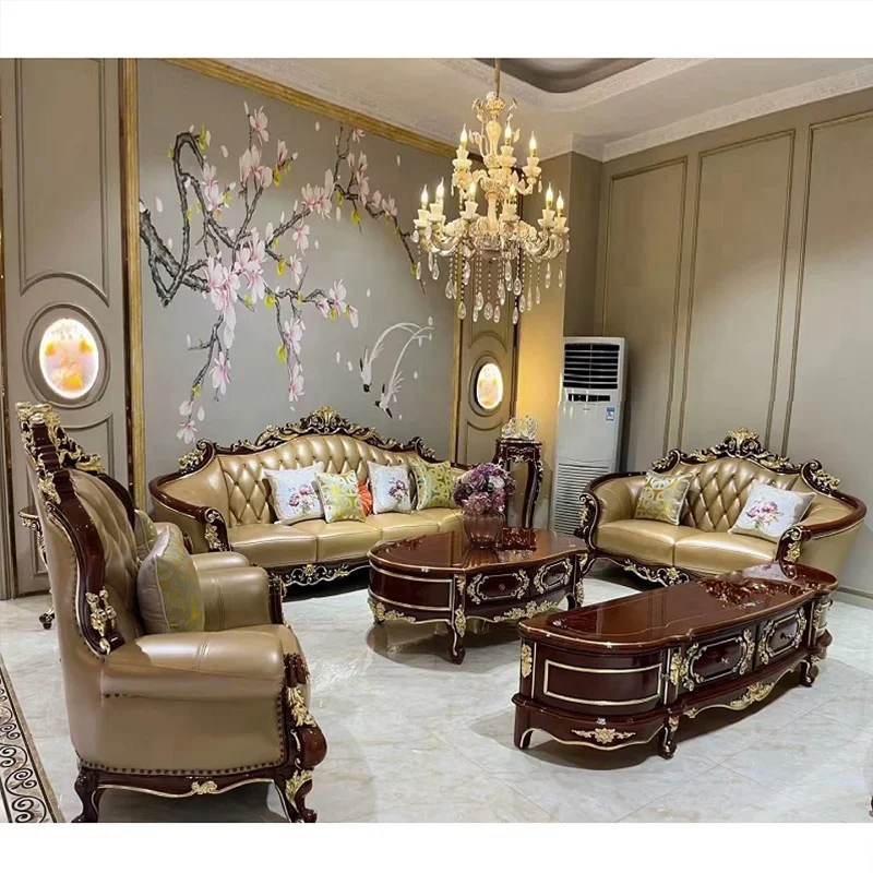 *# Luxury Living Room Home Furniture Sets European Style Exquisite Carve Solid Wooden Leather Sofa