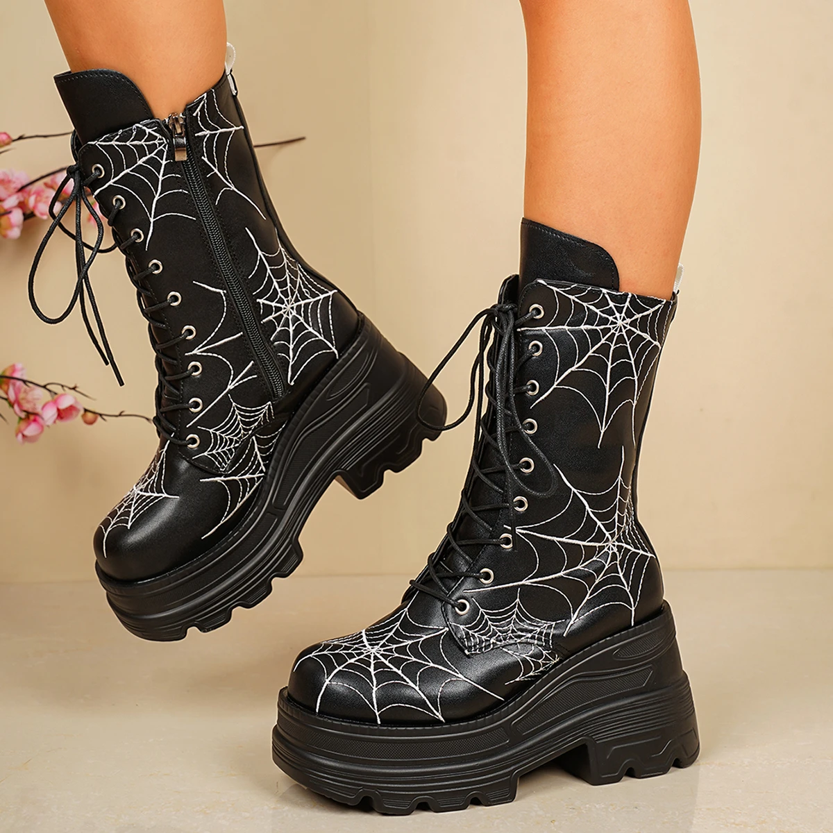 Ultra High-heel Fashion Lace-up Retro Mid-calf Boots for Women, Thick-soled, with Spider Web Embroidery, Plus-size Women's Shoes