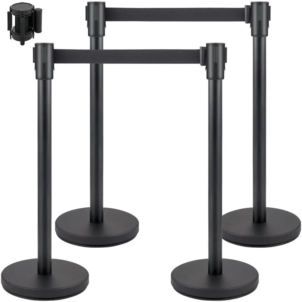 

Crowd Control Stanchion Set 4-Piece with 6.6ft/2m Black Retractable Belt Black Barrier Concrete Metal Base Easy Connect Assembly