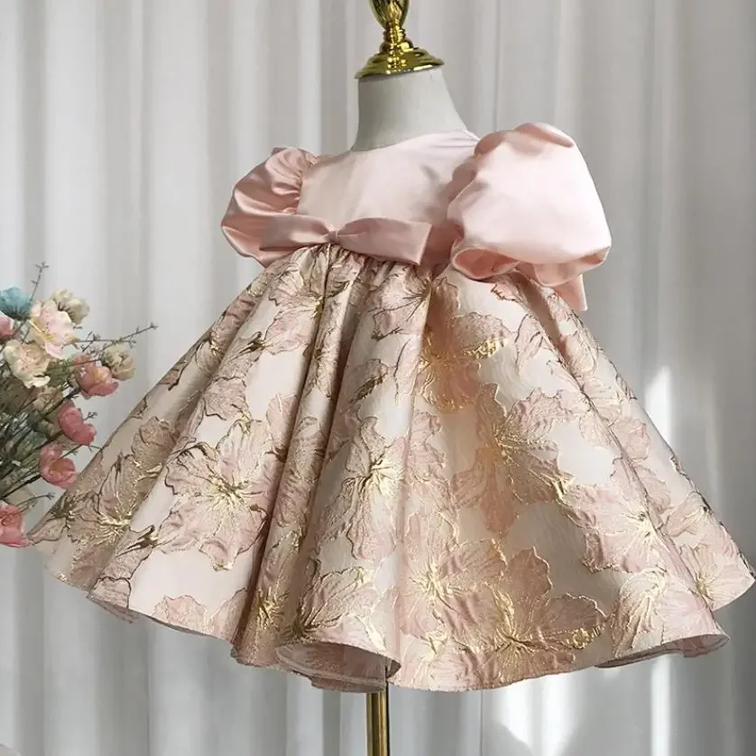 

New Children's Princess Ball Gown Bow Print Design Infant Birthday Baptism Girls Party Dresses