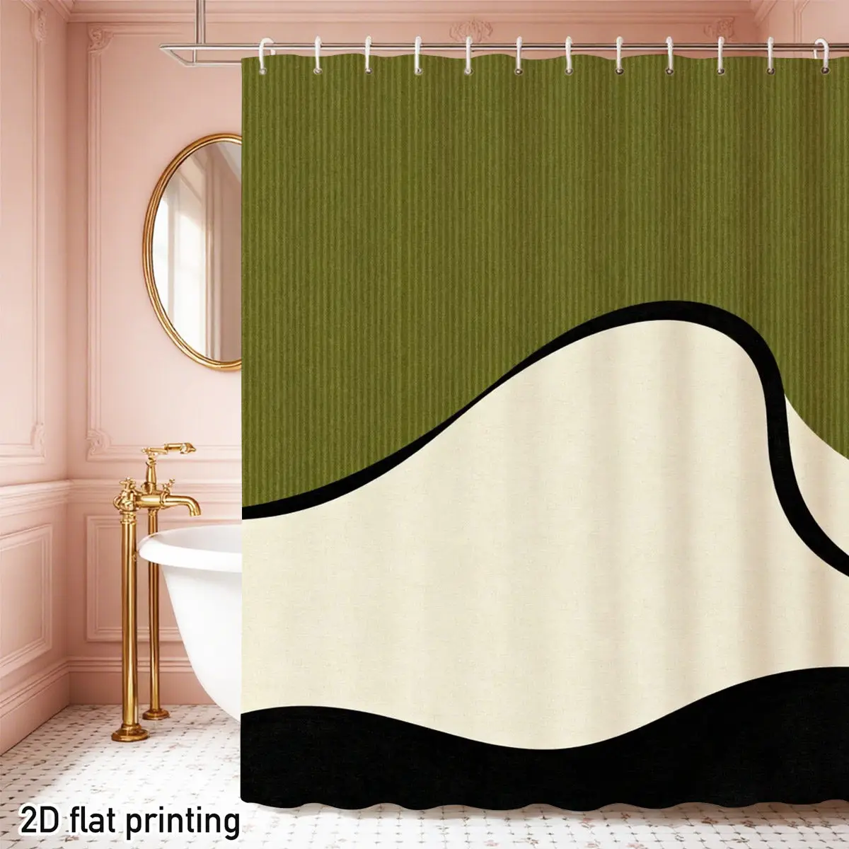 Abstract Wave Shower Curtain – Modern Curved Lines, 2D Flat Print, Fade-Resistant Polyester, 12 Hooks, 70.8