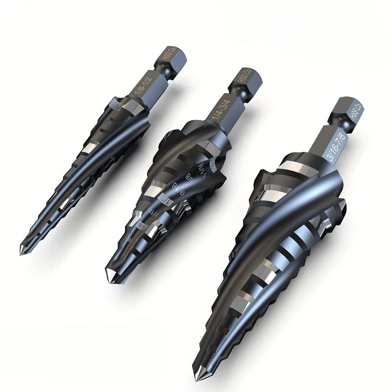 3pcs High Speed Steel Step Drill Bit Set M35 Cobalt HSS Four-Edge Hex Shank Four-Helical Flute Design 1/8
