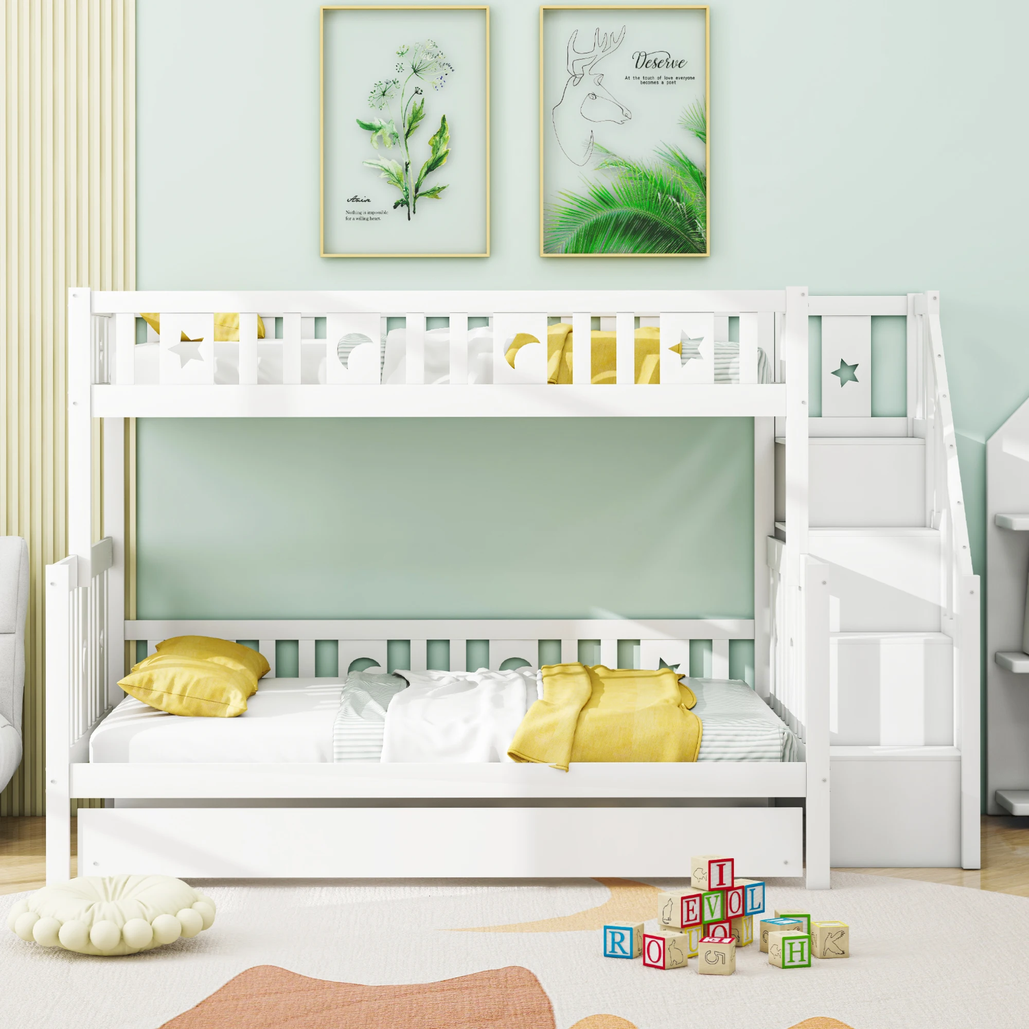 Children bed 140*200cm Solid wood bunk bed with safety stairs, trundle bed and slatted frame, White