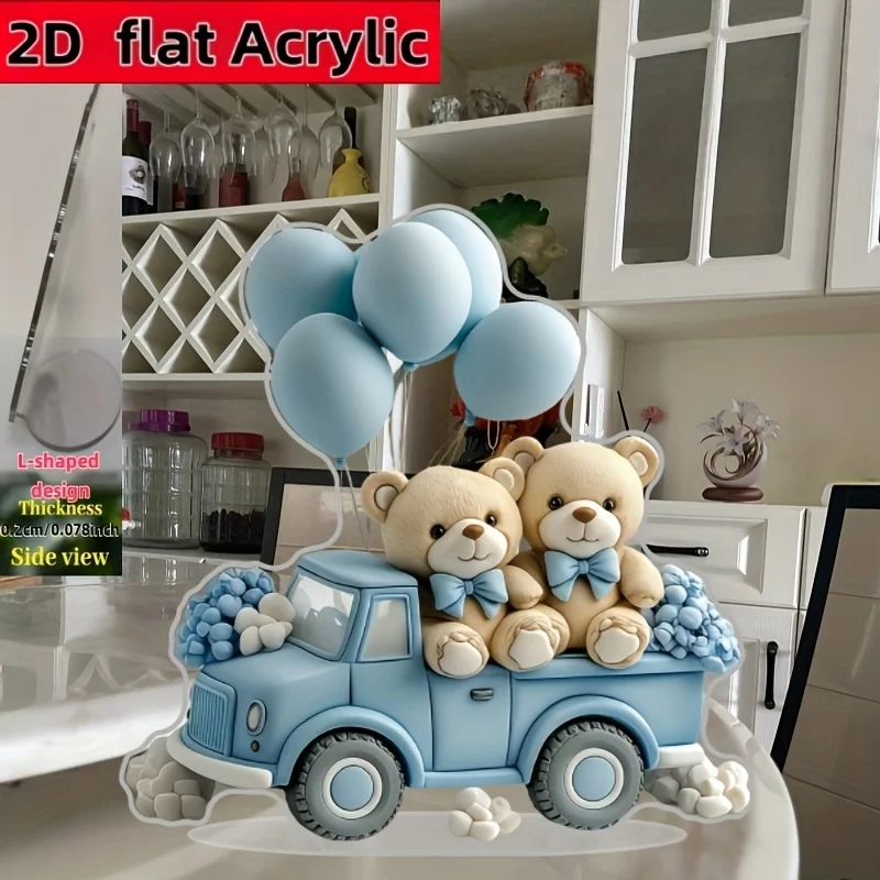 2D Flat Acrylic Tabletop Decor Sign Blue Truck Teddy Bear Balloon Acrylic Ornament Baby Shower Boys Room Desktop Acrylic Decor
