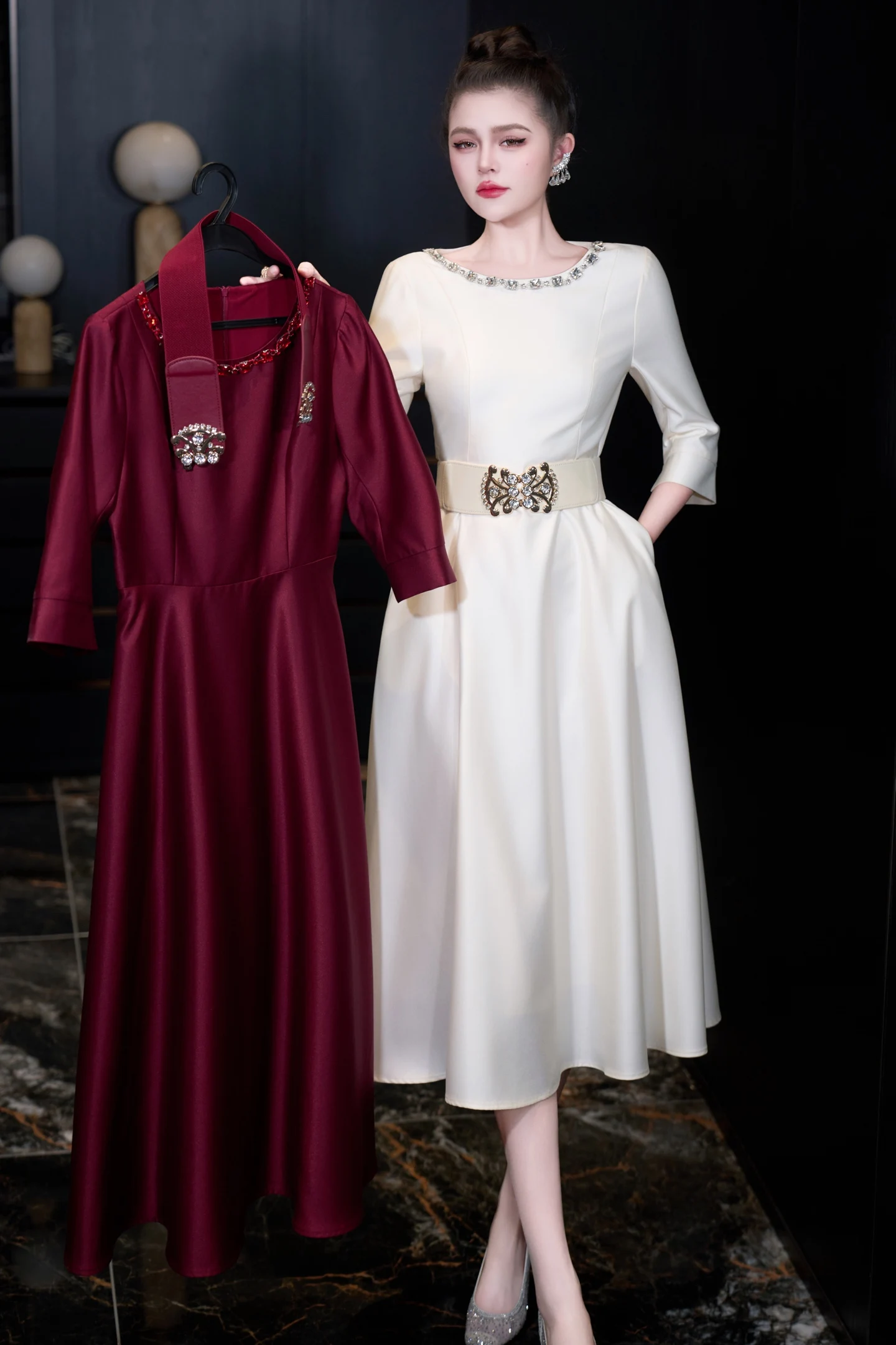 ZJYT 2026 Spring New Fashion Women Beading Dress Elegant Three Quarter Sleeve Solid White Midi Dresses Party Vestidos with Belt