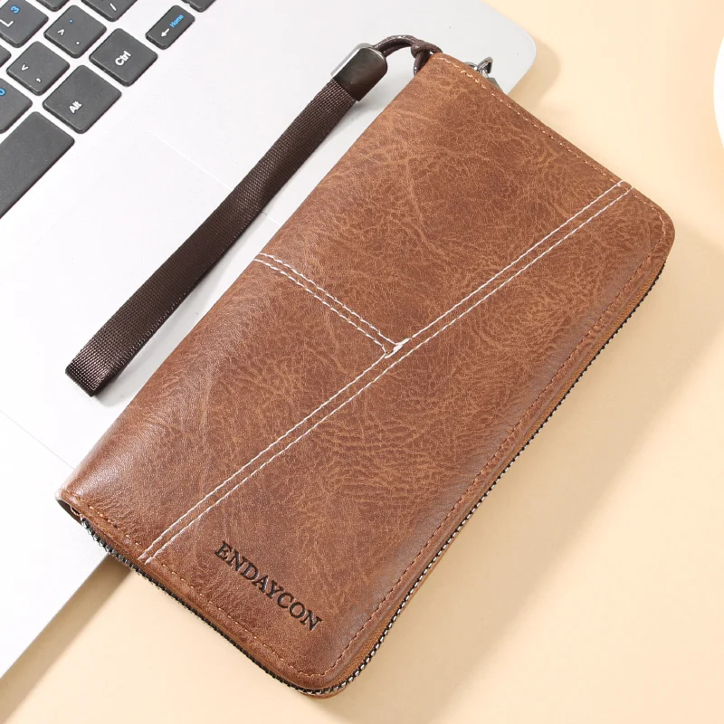Men Long Zipper Wallet Large Capacity PU Leather Multi‑Card Slots Portable Phone Purse Wrist Strap Business Clutch Bag