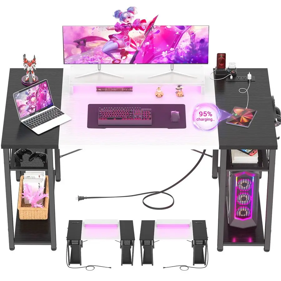 

Computer Desk with LED Lights, 55 Inch Desk with Power Outlet and USB, Reversible Large Desk with Moveable Monitor Stand, 55.2