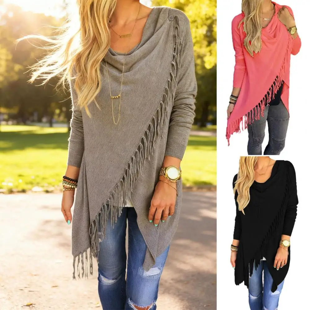

Cardigan Autumn Women Long Sleeve Oversize Sweater Loose Hem Tassel Cardigan Sweater Coat Loose Hem Pullover Cape Outerwear
