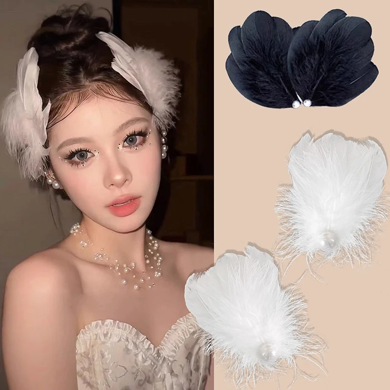 1PCS Weiße Schwan Feder Kopfschmuck Haarnadel Halloween Clip Fee Flauschigen Haar Zubehör Weibliche Hanfu Plüsch Zubehör Seite Clip