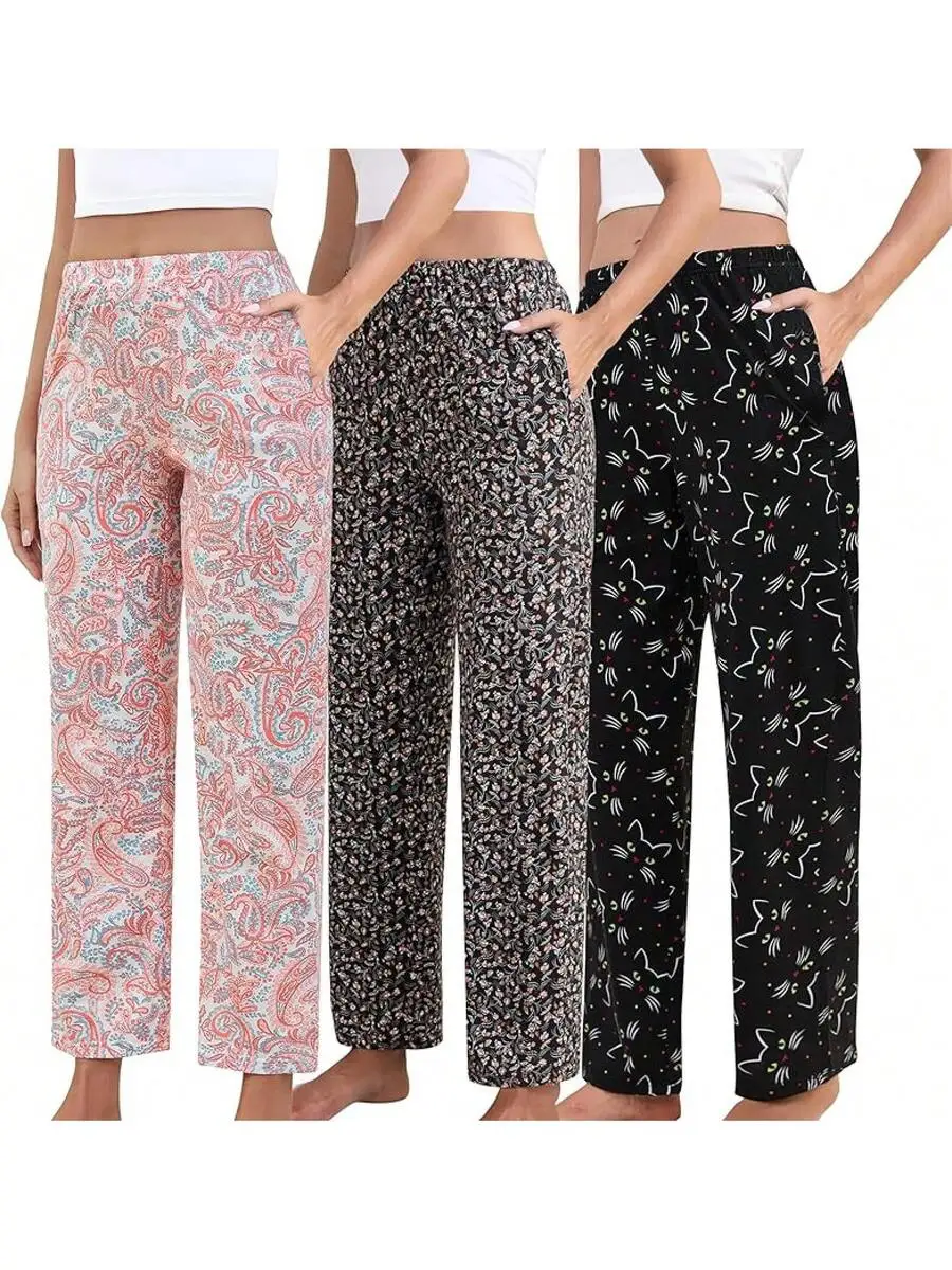 

Womens 3-Pack Soft Cotton Polyester Lounge Pants With Elastic Waist And Pockets