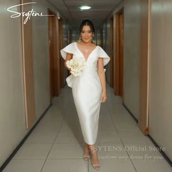SSYTENS Modern V Neck Wedding Dresses Dubai Cap Sleeves Customized Mermaid Bride Gowns With Bow Backless Wedding Party Dress