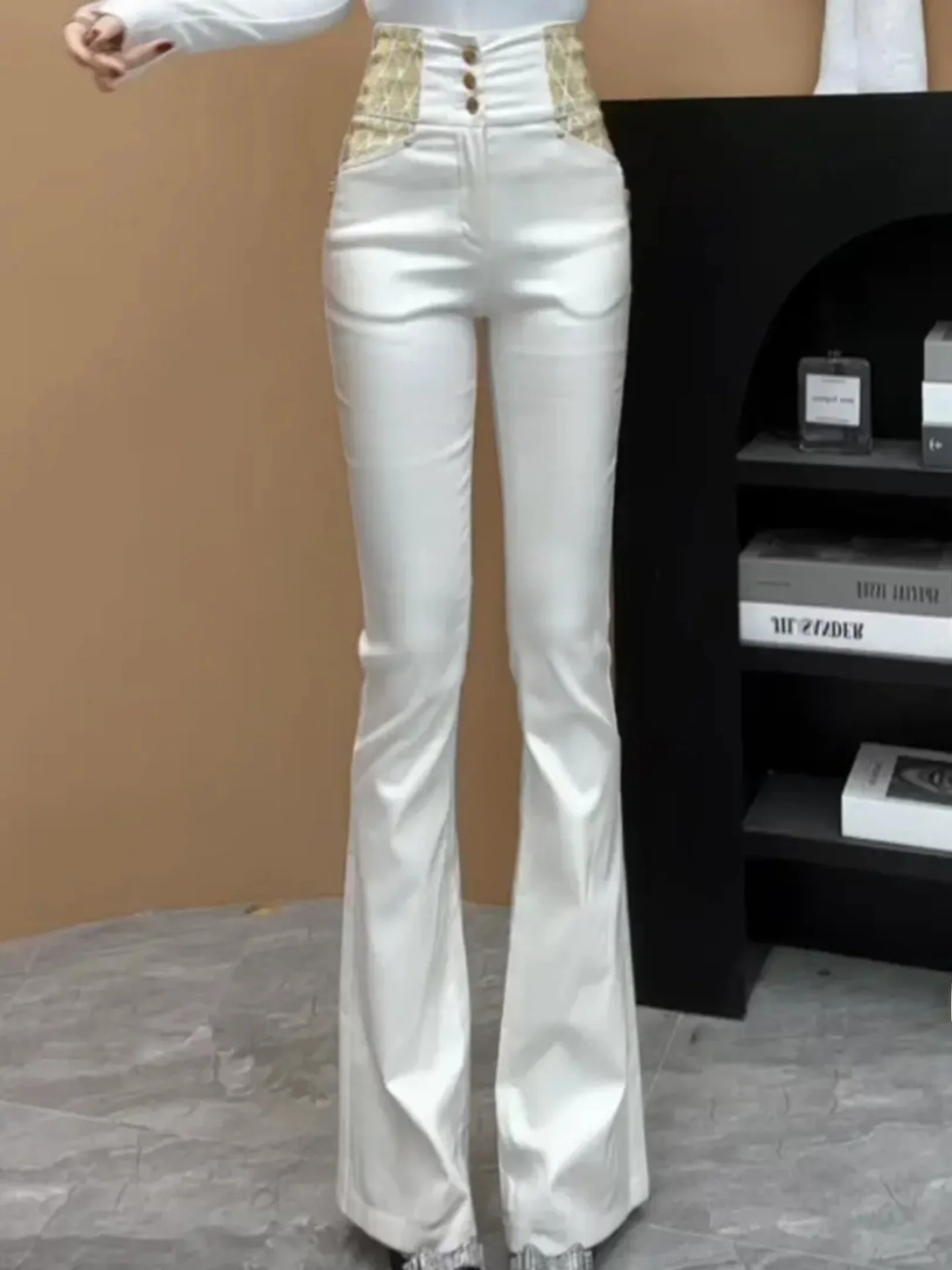 Damskie skórzane spodnie z wysokim stanem, zdobione dżetami, rozszerzane, zimowe, nowa moda, ciepłe, modne, w stylu dzwonu, street style.