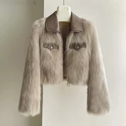 Short Leather Collar Design Faux Fox Fur Coat Women's Winter 2025 Long-sleeved Street Luxury Jacket Top Casual Warm Fur Outwear