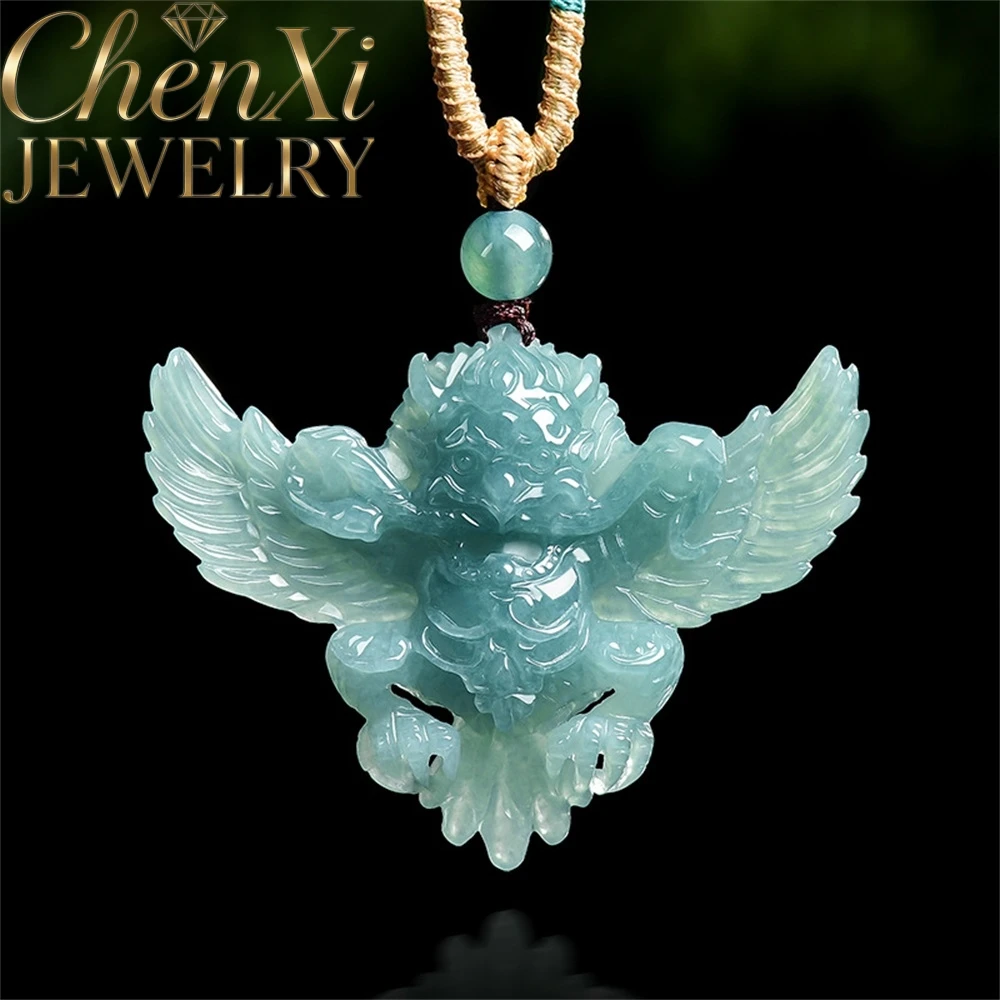 

High-End S925 Silver Button Inlayed With Natural Ice Blue Water Jadeite Three-Dimensional Roc Golden Winged Bird Pendant Charms