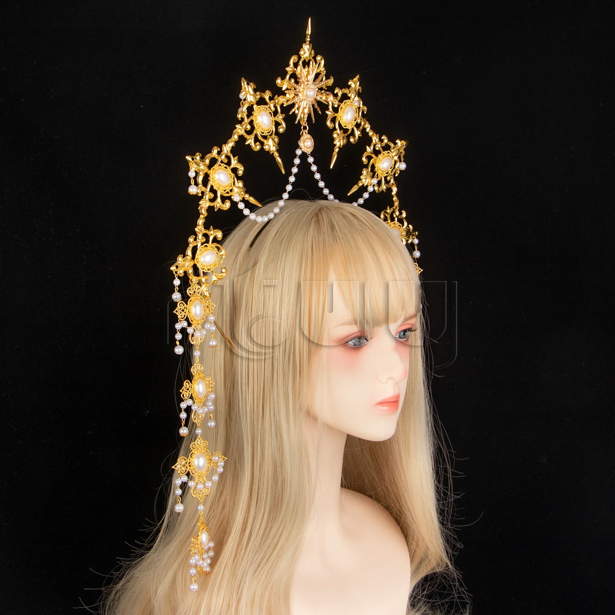 KC Halo casque Lolita déesse du soleil Baroque diadème or pointe Halo couronne bandeau Halloween fête de noël cheveux accessoires