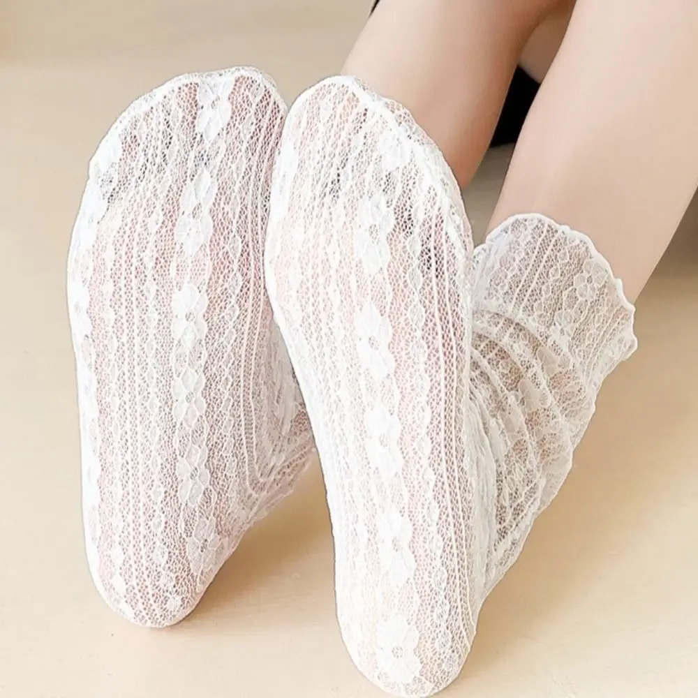 

Breathable Elastic Transparent Refreshing Thin Mesh Women Translucent Socks Cotton Flower Print Hosiery Korean Lace Socks