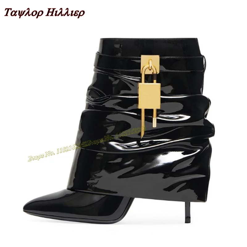 Genuine Leather Black Ankle Boots Pointed Toe Stiletto Pleated Mid-Calf Boots Fashion Catwalk Luxury Sleeve Ladies Boots Spring