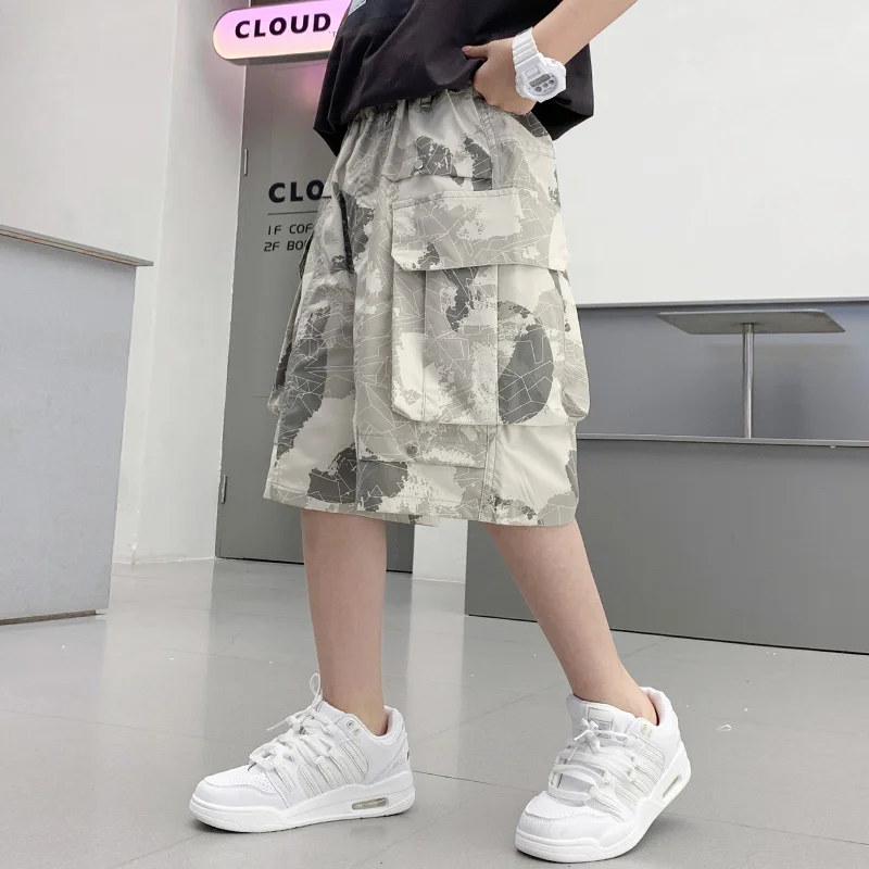 Child Summer Light Camouflage Cargo Shorts for Teen Boy Loose Casual Knee-Length Drawstring Shorts Kids Outdoor Sports Shorts