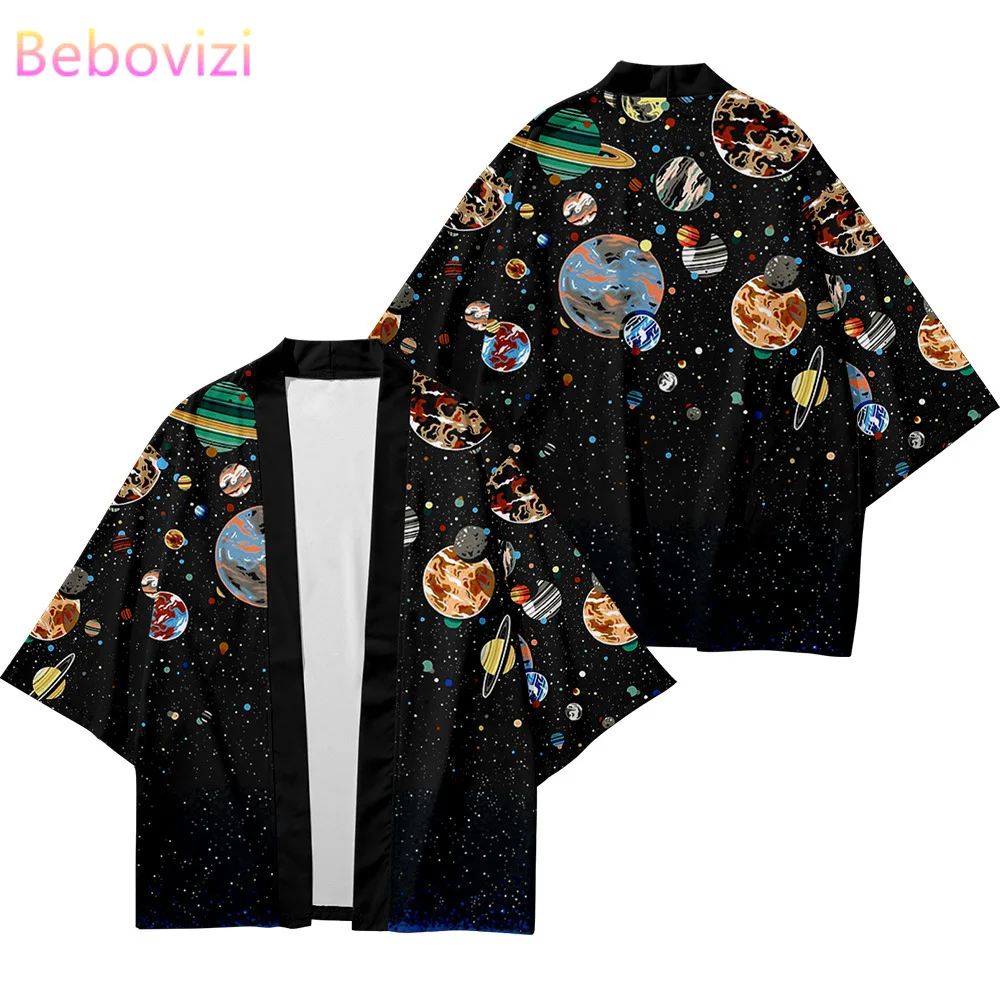 Kimono universo planeta impressão camisa tradicional haori vestuário feminino harajuku japonês moda streetwear cardigan yukata